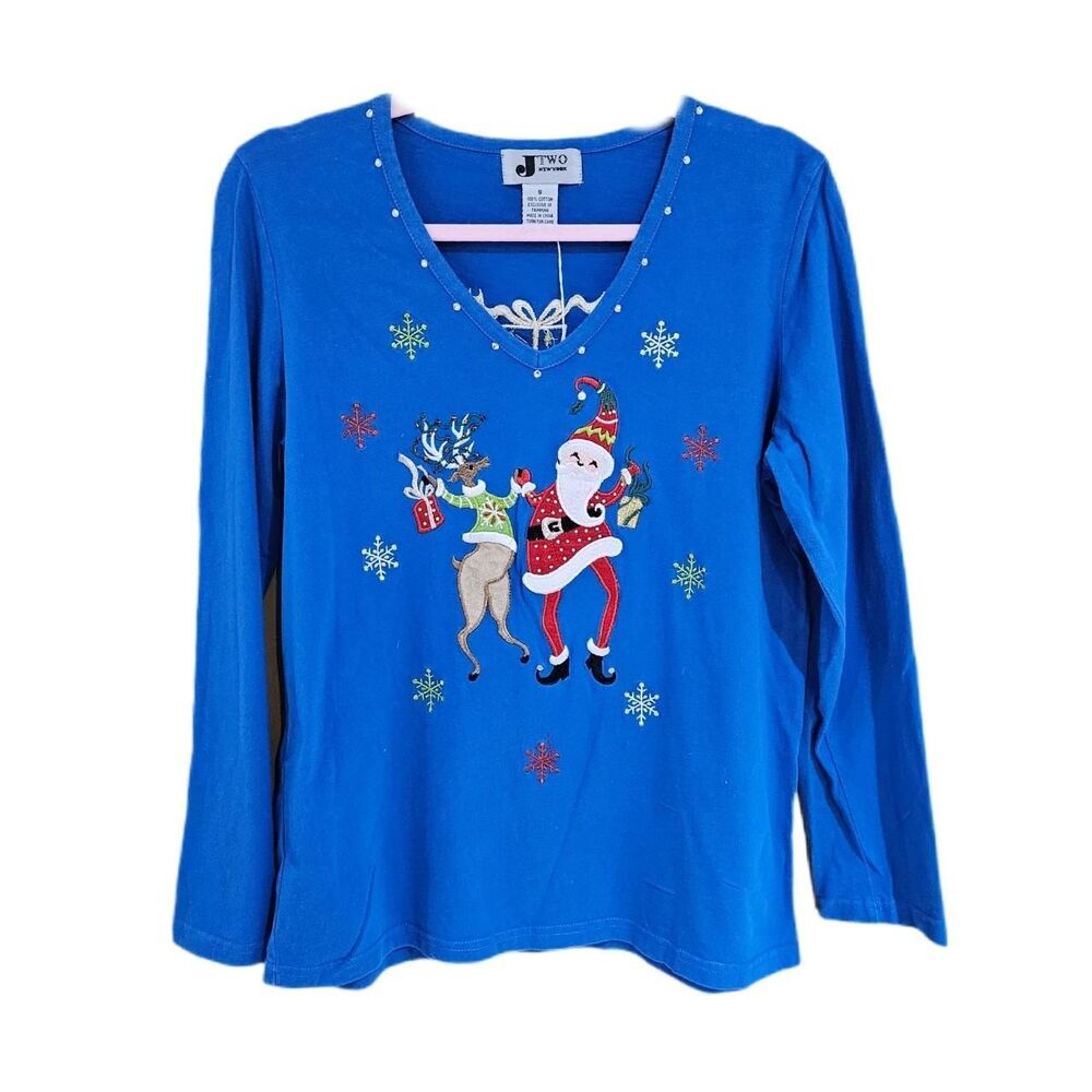 y2k ugly christmas party santa reindeer blue top